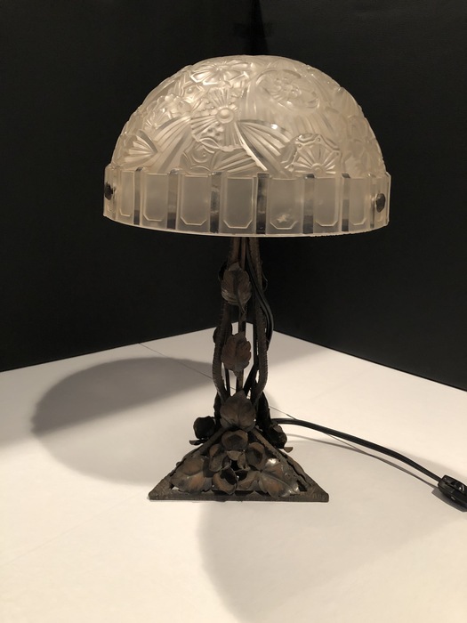 glass and iron table lamp