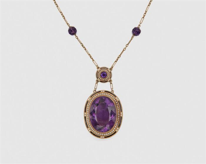 14K Gold Amethyst, Enamel, and Seed Pearl Pendant Necklace