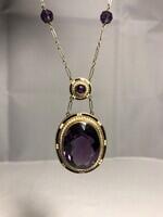 14K Gold Amethyst Enamel and Seed Pearl Pendant Necklace