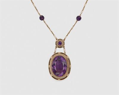 additional images for 14K Gold Amethyst, Enamel, and Seed Pearl Pendant Necklace